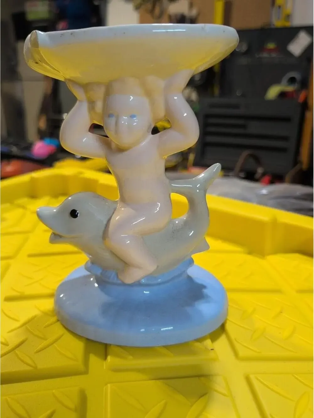 VTG Holland Mold Ceramic Cherub Riding A Dolphin Pedestal Soap Dish Yellow/White